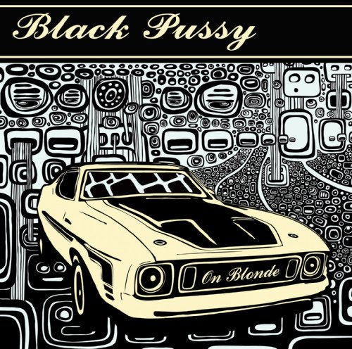Black and white album cover with a car and abstract patterns.