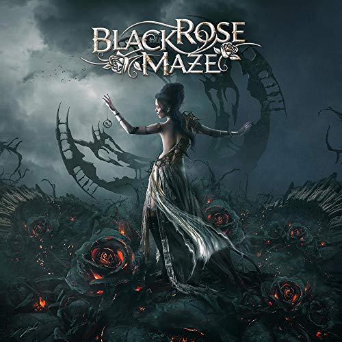Woman in a flowing dress standing amidst dark roses under a stormy sky.