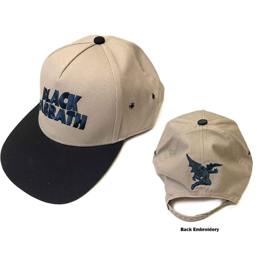 Tan snapback baseball cap with embroidered "Black Sabbath" logo.