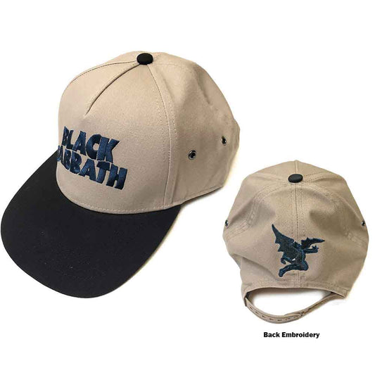 Tan snapback baseball cap with embroidered "Black Sabbath" logo.