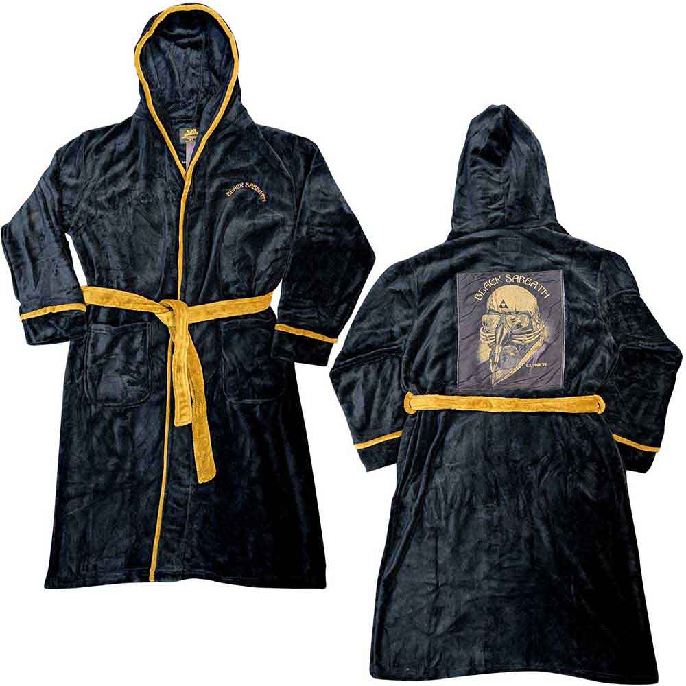 Black hooded fleece bathrobe with gold trim, modeled by a man.