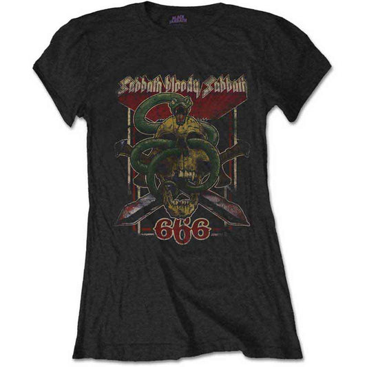 Black women's t-shirt with Black Sabbath skull, snake, and crossbones graphic.