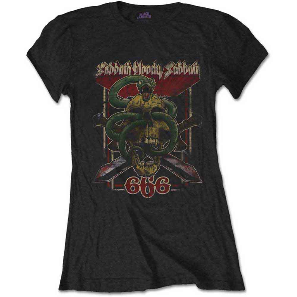 Black women's t-shirt with Black Sabbath skull, snake, and crossbones graphic.