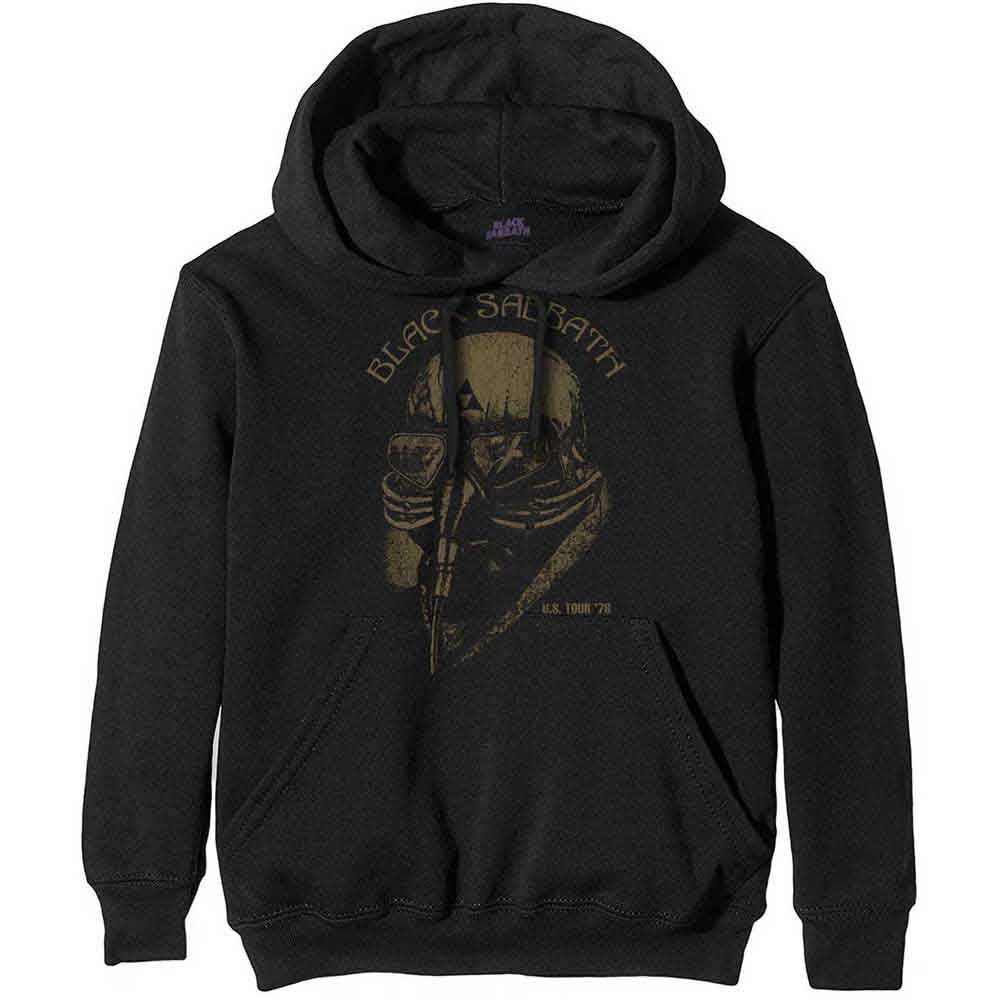 Black hooded sweatshirt with a distressed Black Sabbath graphic print.