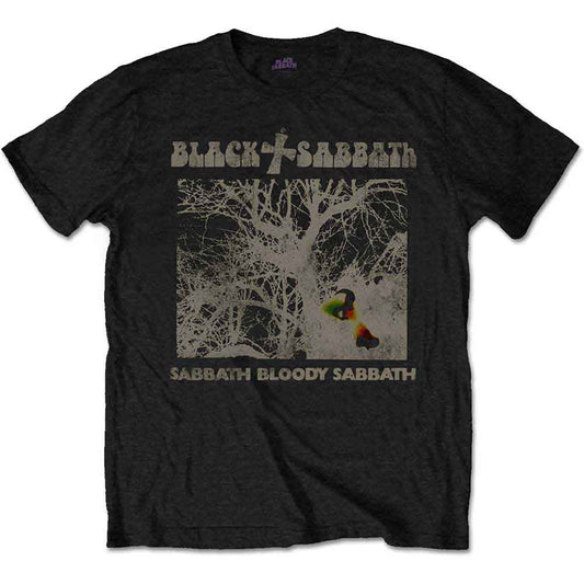 Black t-shirt with a white Black Sabbath album cover graphic.