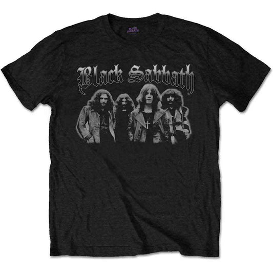 Black t-shirt with a greyscale graphic of the band Black Sabbath.