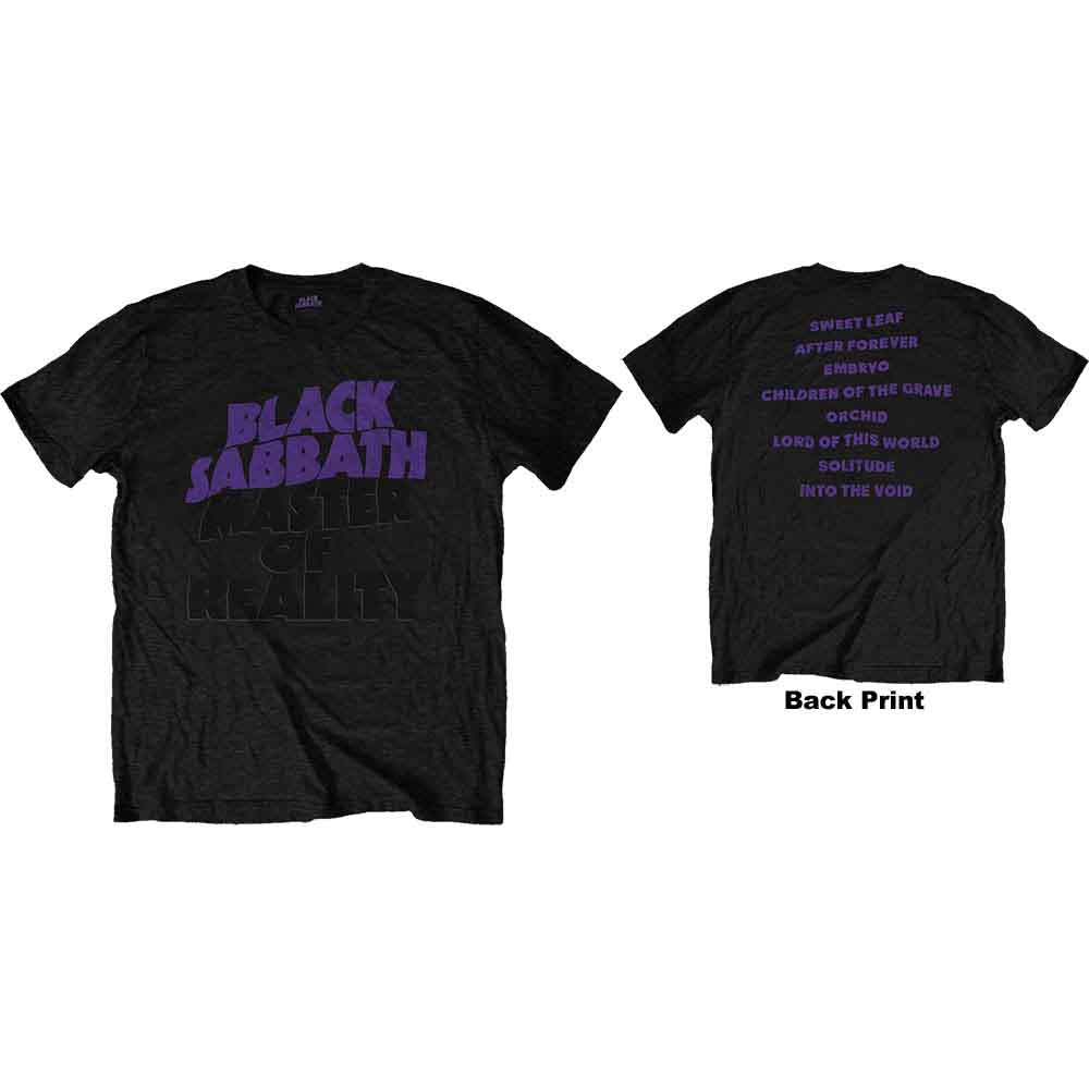 Black t-shirt with purple and grey "Black Sabbath Master of Reality" text.