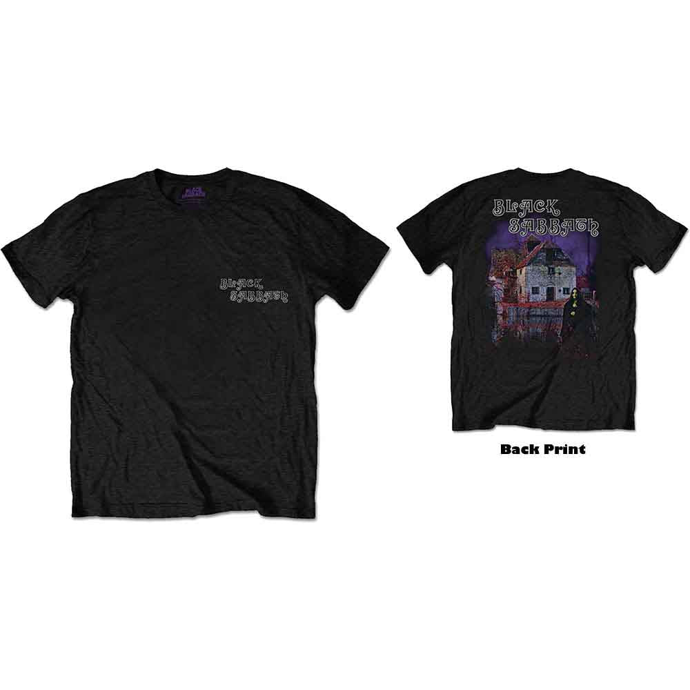 Black t-shirt with “Black Sabbath” text graphic on the chest.