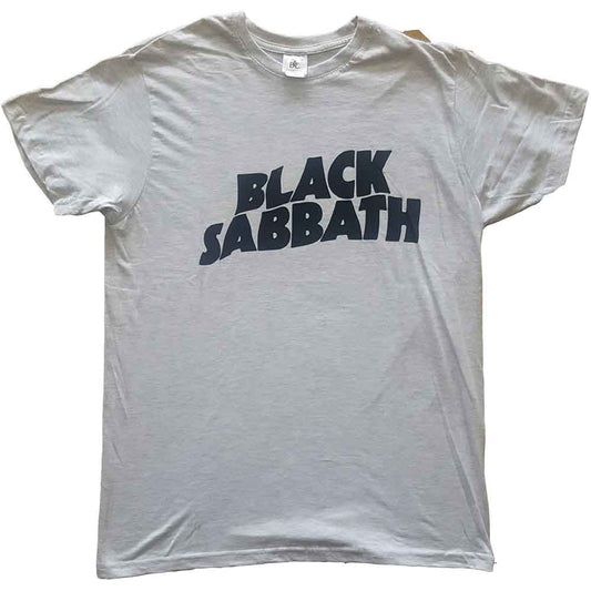 Man wearing a grey t-shirt with a black wavy Black Sabbath band logo.