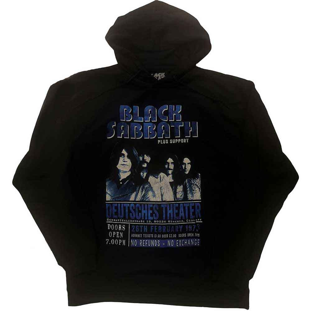 Black hoodie with Black Sabbath’s 1973 Deutsches Theater logo print.