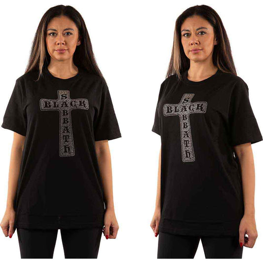 Black t-shirt with a silver cross featuring the band name "Black Sabbath".