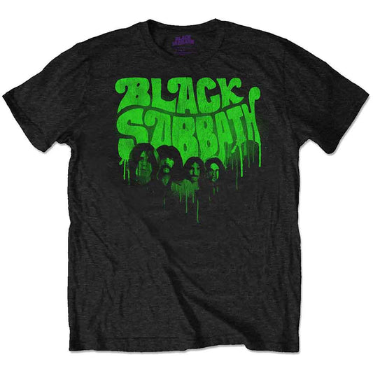 Black t-shirt with green graffiti-style "Black Sabbath" band logo.