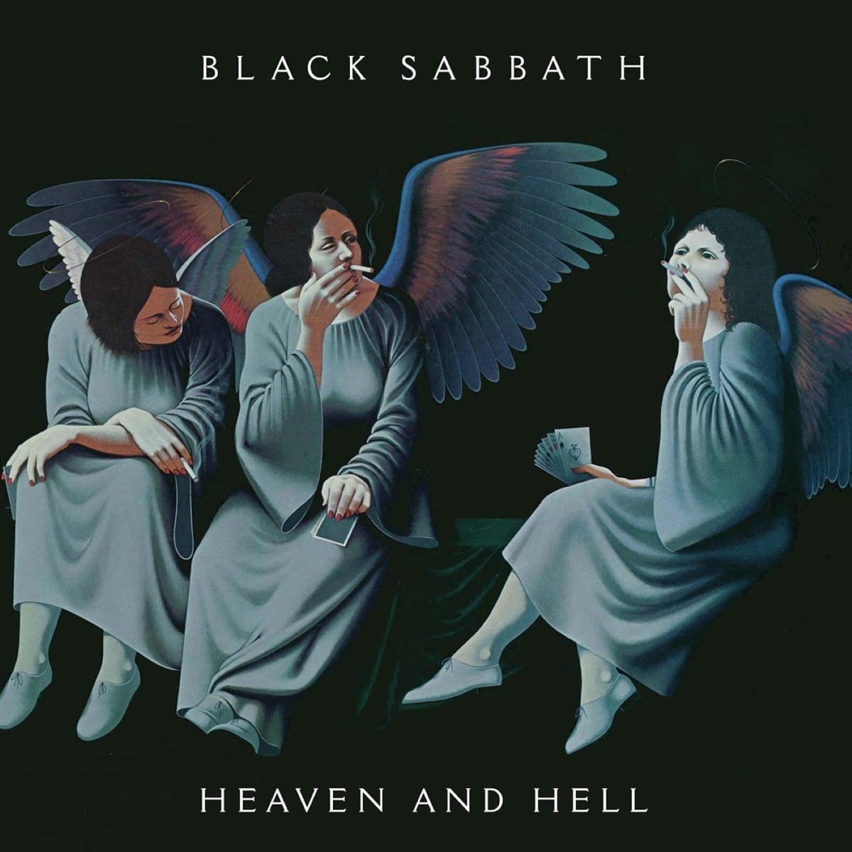 "Album cover art: three winged women against a black background, titled 'Heaven and Hell'."
