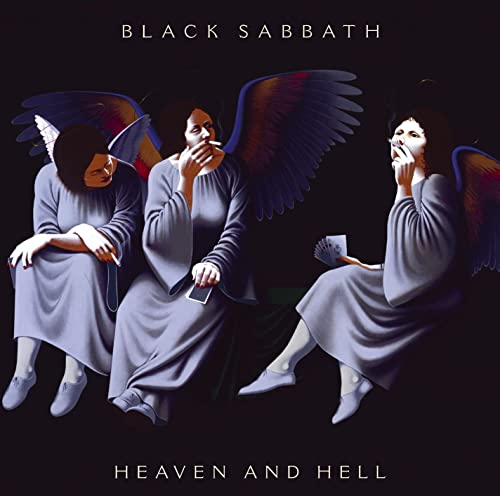 Album cover showing three winged angels in grey robes smoking and playing cards.