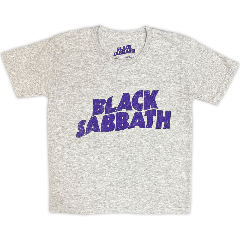 Heather grey kids' t-shirt with wavy purple "Black Sabbath" logo.