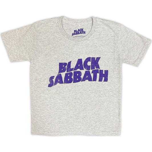 Heather grey kids' t-shirt with wavy purple "Black Sabbath" logo.