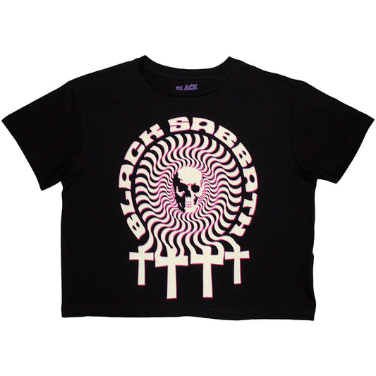 Black crop top with a white hypnotic skull design, size X-Small.