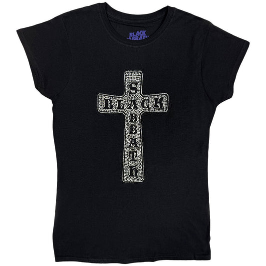 Black women's t-shirt with a sparkly, vertical Black Sabbath cross design.