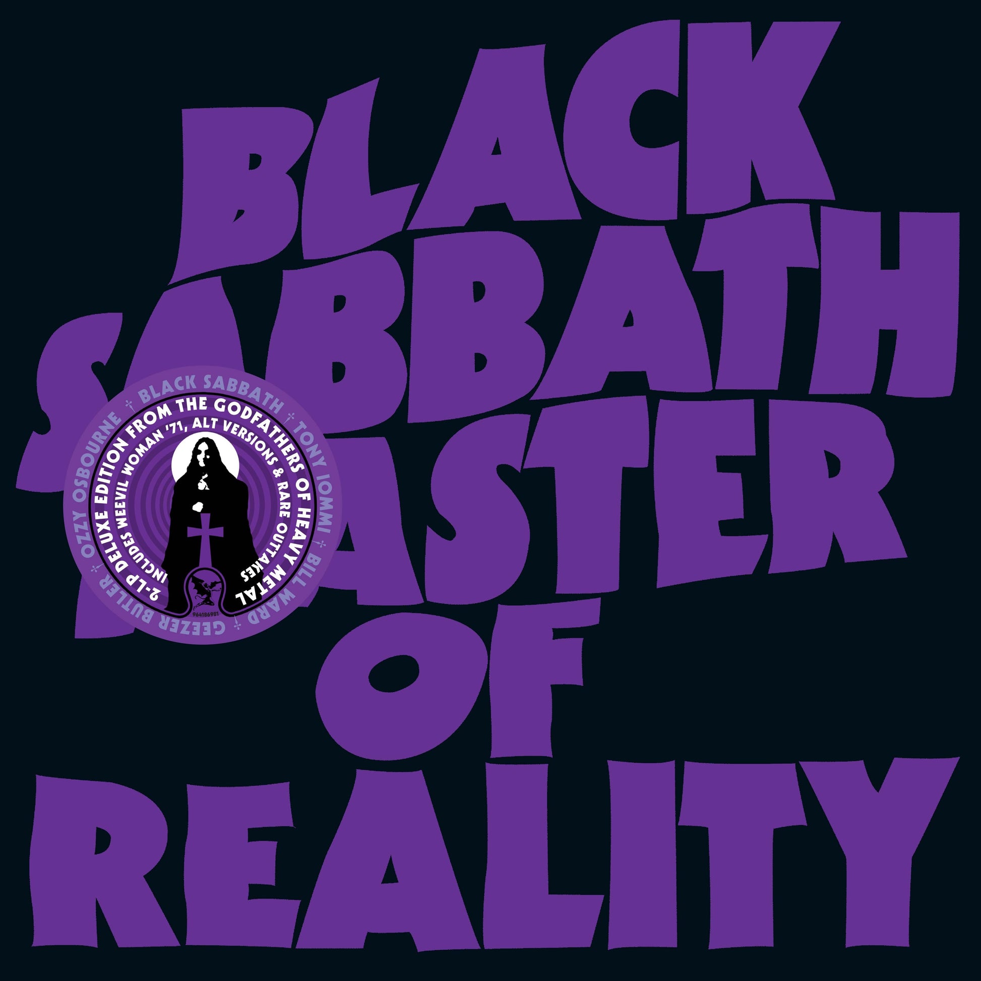 Black Sabbath Master of Reality album cover with purple text on a black background.
