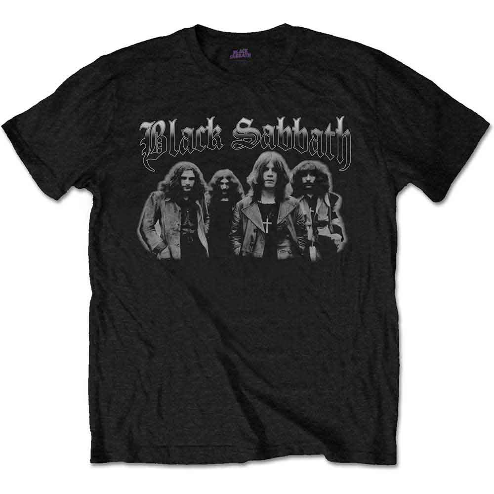 Black t-shirt with a greyscale graphic of the band Black Sabbath.