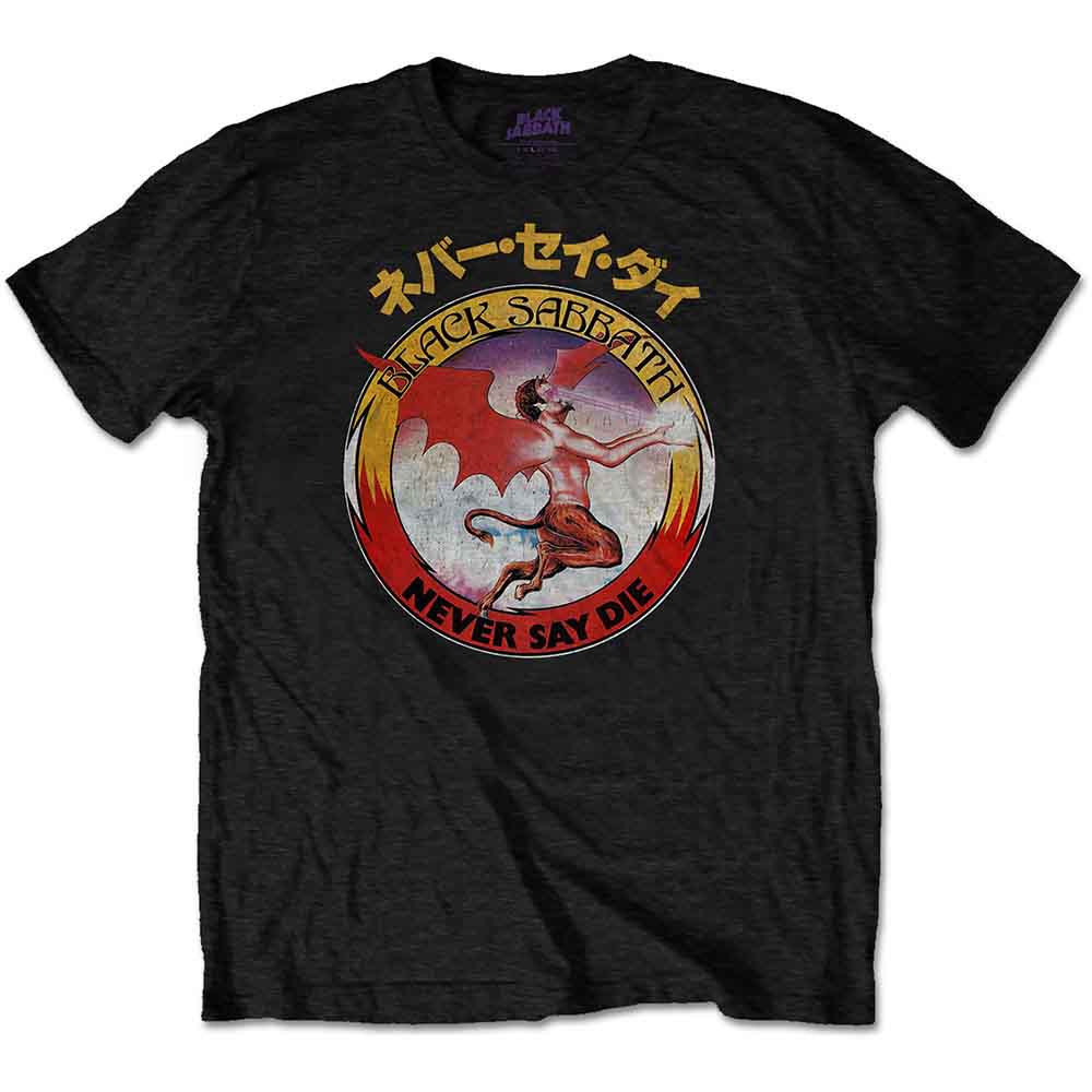 Black t-shirt with a circular Black Sabbath graphic featuring a devil.