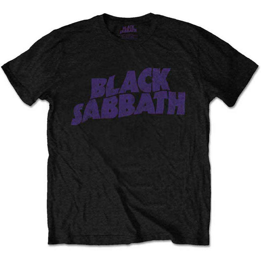 Black unisex t-shirt with a wavy, vintage Black Sabbath logo print.