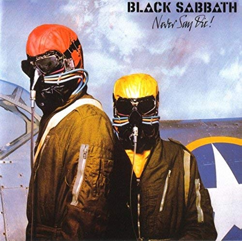 "Album cover of 'Never Say Die!' by Black Sabbath, featuring two pilots in green flight suits."