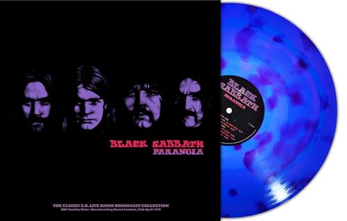Black Sabbath “Paranoia” vinyl record with band photo and blue swirl pattern.
