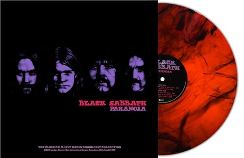 Black Sabbath Paranoia vinyl record cover and orange and black marbled vinyl disc.