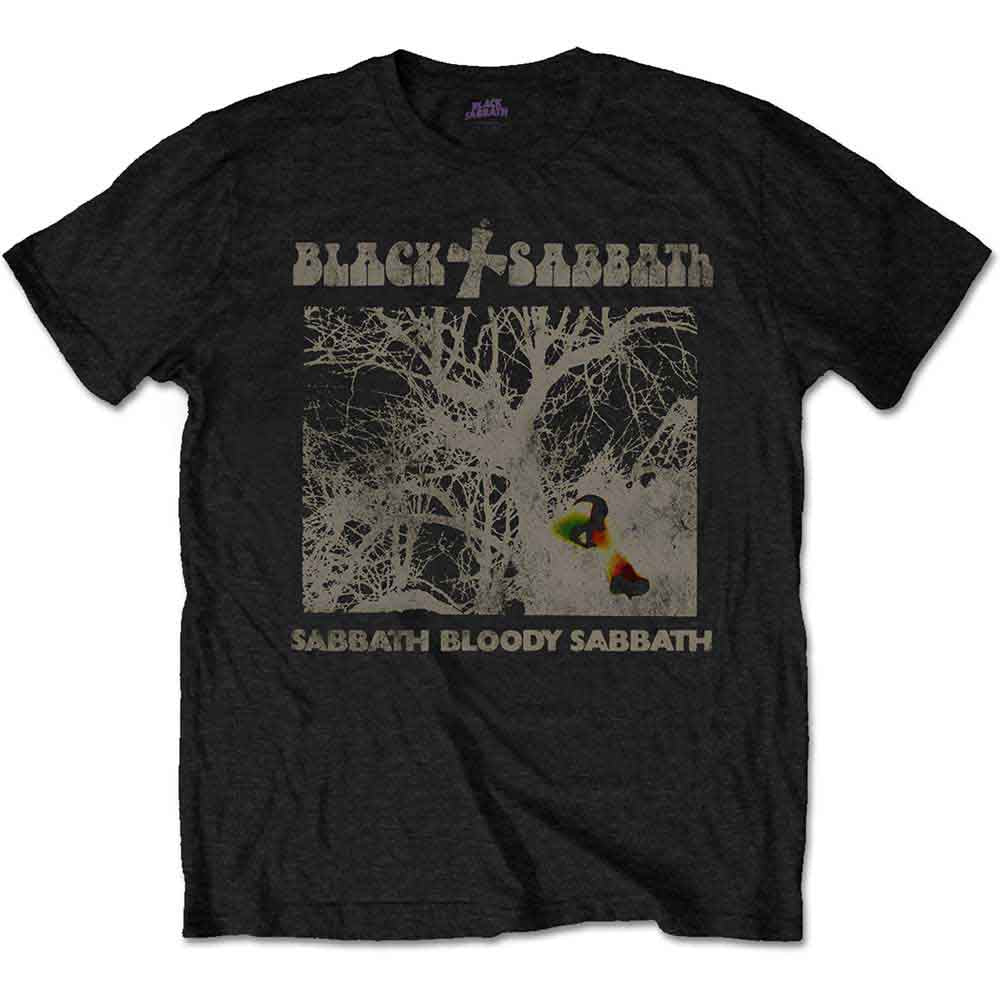 Black t-shirt with a white Black Sabbath album cover graphic.