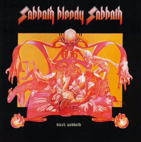 "Album cover art for Black Sabbath's 'Sabbath Bloody Sabbath' with surreal, red-toned illustration."