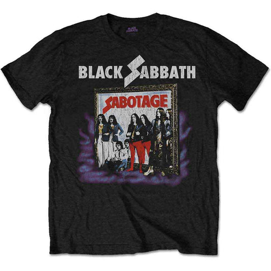 Black t-shirt with a vintage Black Sabbath "Sabotage" album cover print.