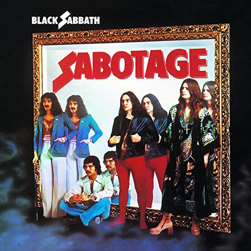 The image is a vinyl record cover for the album "Sabotage" by Black Sabbath. Alt text: Black Sabbath album cover with band members posing in ornate gold frame.