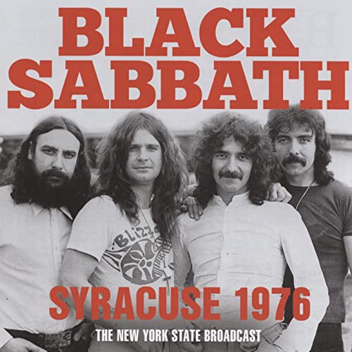 Black and white photo of the band Black Sabbath with red text overlay.
