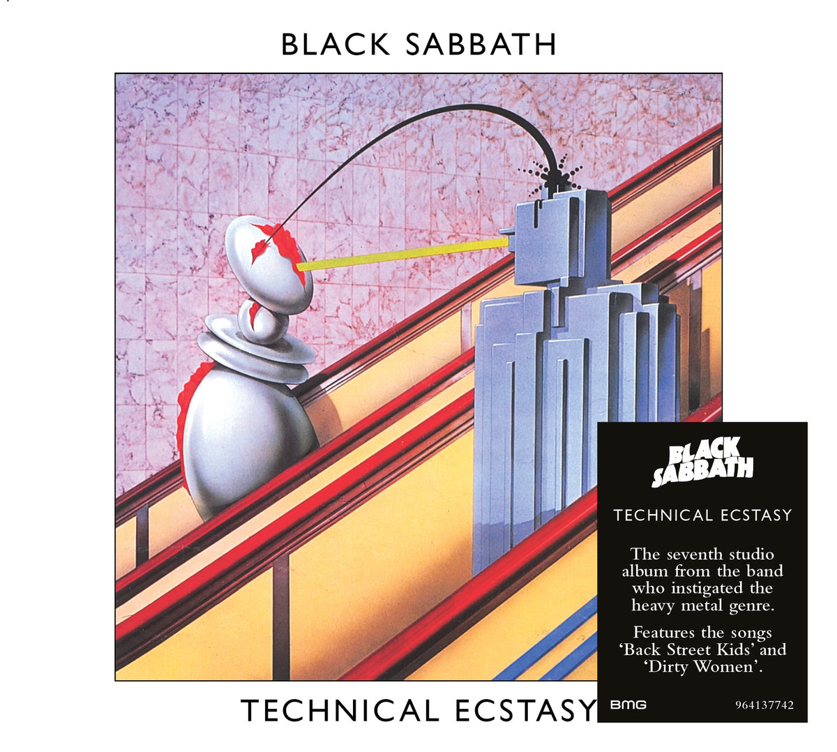 Black Sabbath’s “Technical Ecstasy” album cover with a robotic figure and red lines.