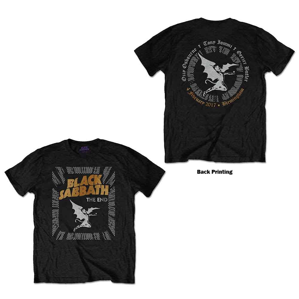 Black t-shirt with "Black Sabbath" logo and a demon illustration.