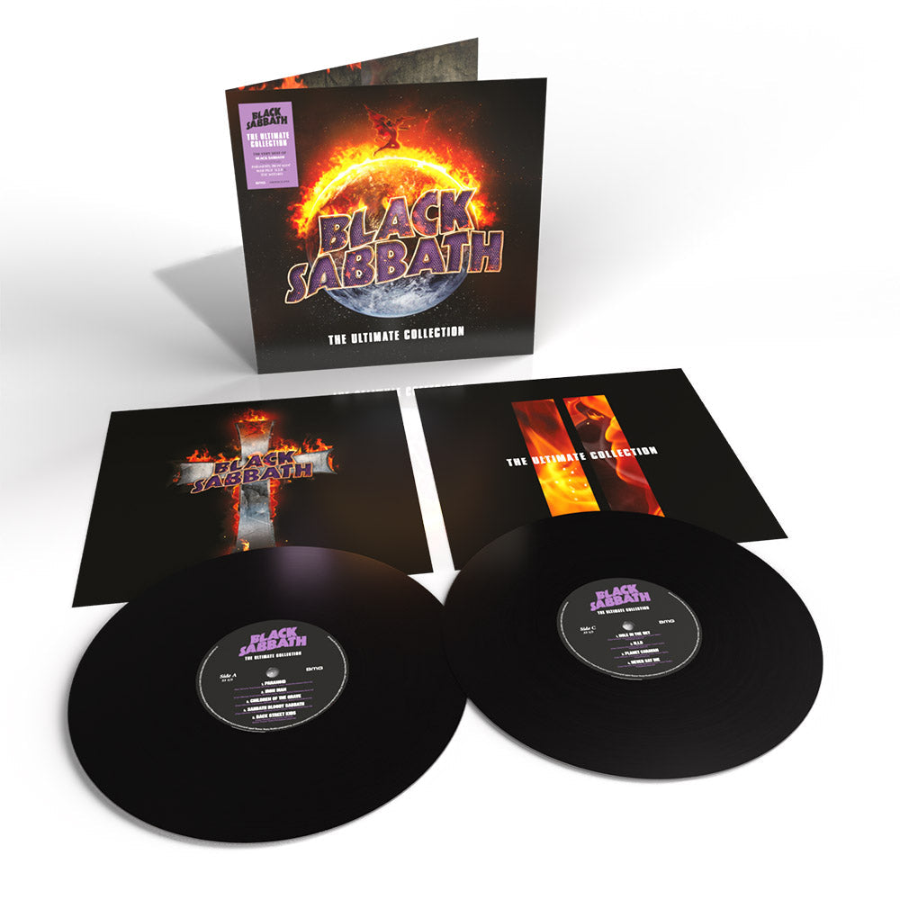 Black Sabbath vinyl record collection with two black records and matching cover artwork.