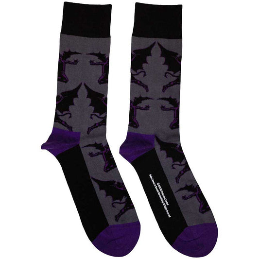 Black ankle socks featuring a red and grey Black Sabbath demon graphic design.