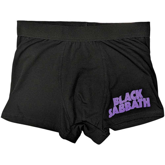 Black boxers with a wavy white Black Sabbath logo, size small.