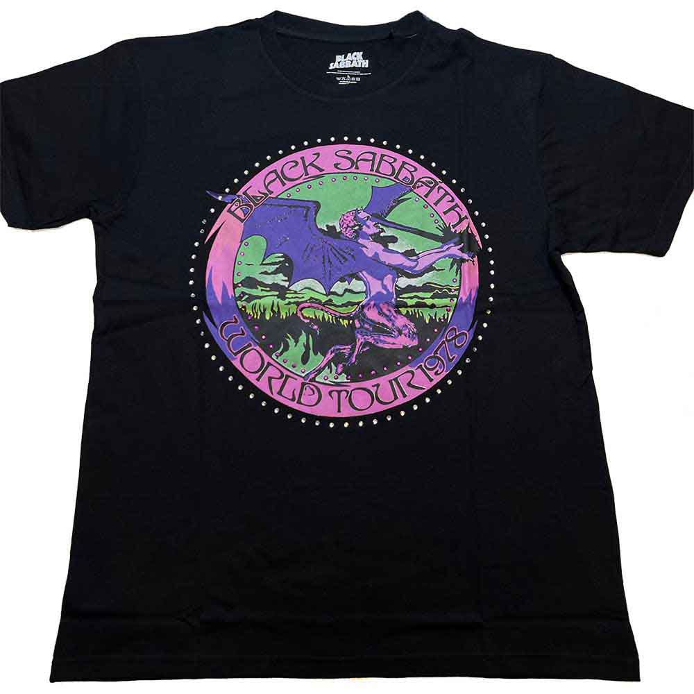 Black t-shirt with Black Sabbath Tour '78 graphic and diamante embellishments.