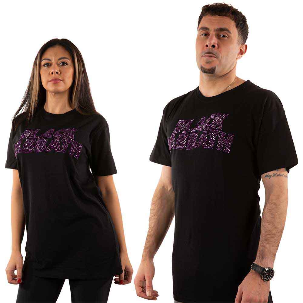 Black t-shirt with Black Sabbath wavy logo featuring sparkling diamante embellishments.
