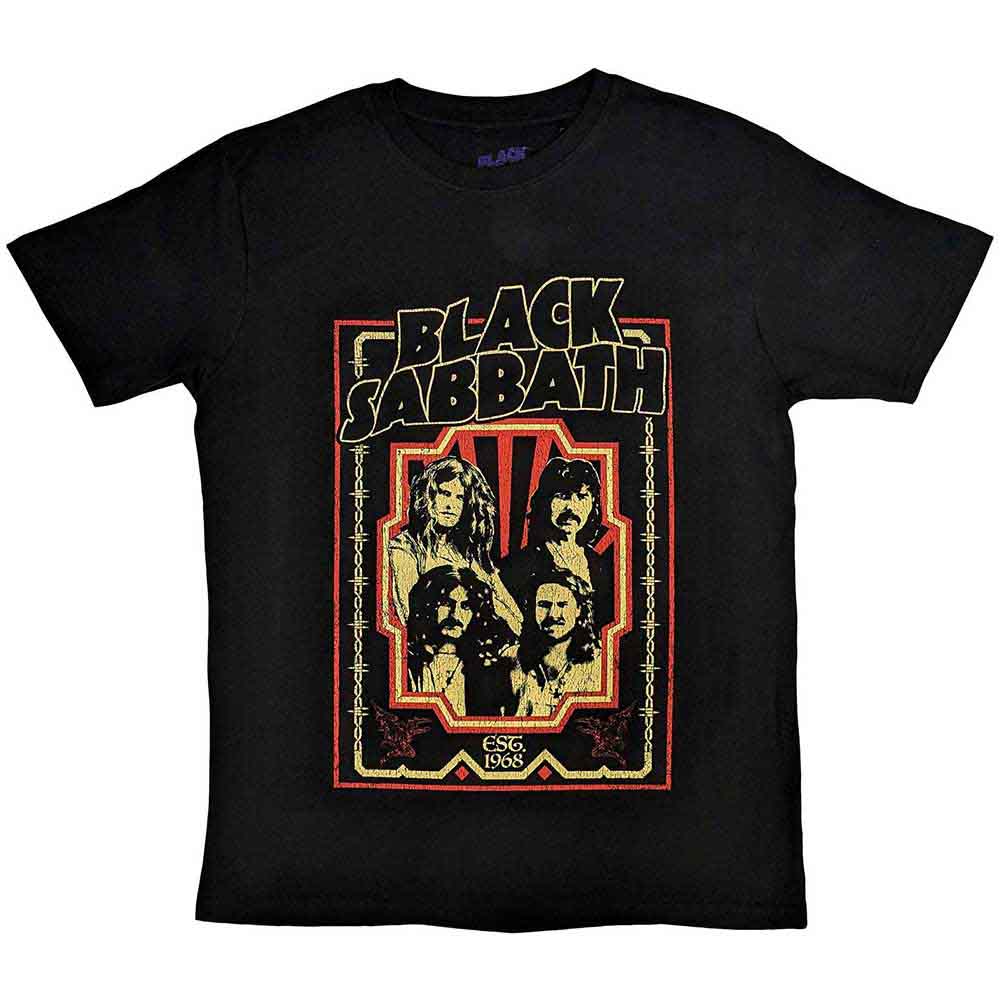 Black t-shirt with Black Sabbath logo and “Est 1968” text, size large.