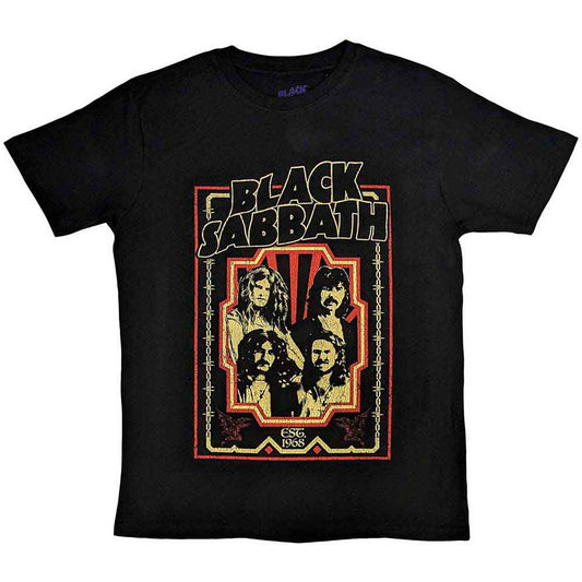 Black t-shirt with Black Sabbath logo and “Est 1968” text, size large.