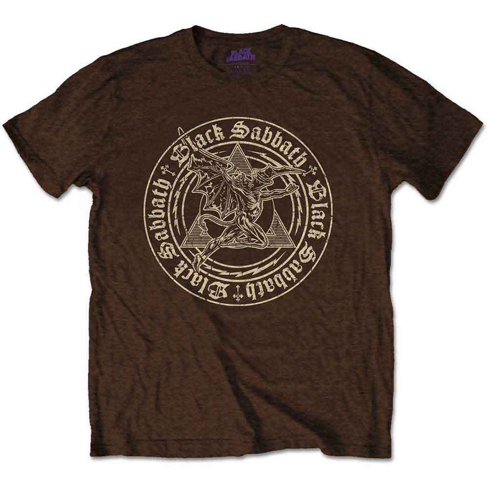 Black t-shirt featuring a dark, geometric pyramid design with “Black Sabbath”.