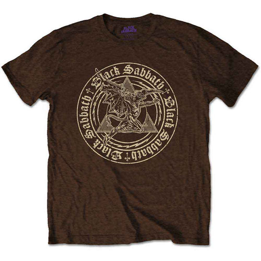Black t-shirt featuring a dark, geometric pyramid design with “Black Sabbath”.