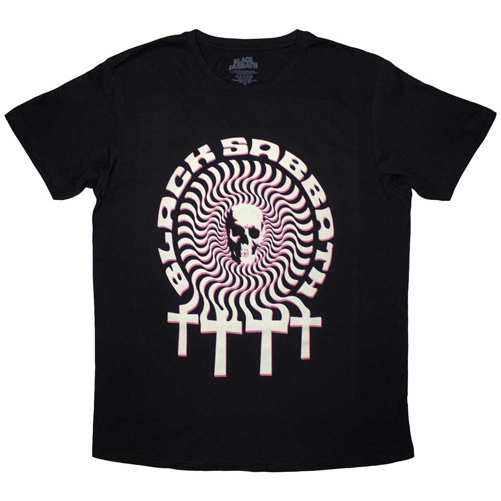 Black t-shirt with a white hypnotic skull design, small size.