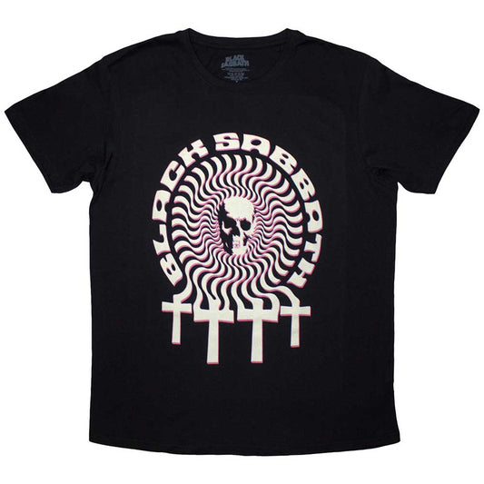 Black t-shirt with a white hypnotic skull design, small size.