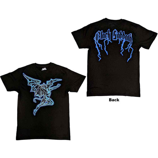 Black t-shirt with large back print of Black Sabbath’s Lightning Henry symbol.