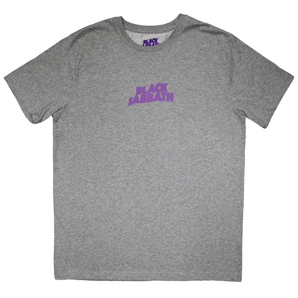 Black unisex t-shirt featuring a small white wavy Black Sabbath logo on the chest.