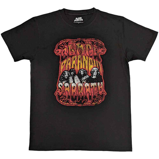 Black t-shirt with a psychedelic, paranoid-themed Black Sabbath graphic, size large.